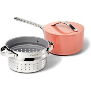 Caraway Nonstick 3 Qt Ceramic Sauce Pan with Lid & Steamer – Non Toxic, PTFE & PFOA Free – Oven Safe & Compatible with All Stovetops (Gas, Electric & Induction) – Black(Peracotta)