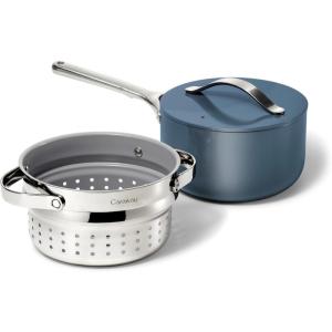 Caraway Nonstick 3 Qt Ceramic Sauce Pan with Lid & Steamer – Non Toxic, PTFE & PFOA Free – Oven Safe & Compatible with All Stovetops (Gas, Electric & Induction) – Black(Navy)