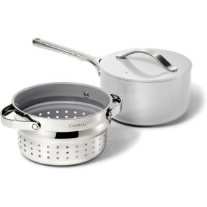 Caraway Nonstick 3 Qt Ceramic Sauce Pan with Lid & Steamer – Non Toxic, PTFE & PFOA Free – Oven Safe & Compatible with All Stovetops (Gas, Electric & Induction) – Black(Sage)