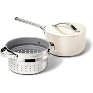 Caraway Nonstick 3 Qt Ceramic Sauce Pan with Lid & Steamer – Non Toxic, PTFE & PFOA Free – Oven Safe & Compatible with All Stovetops (Gas, Electric & Induction) – Black(Cream)