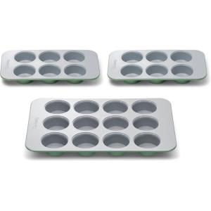 Caraway Nonstick Ceramic Muffin Pan Set – 2x 6 Cup & 1x 12 Cup – Non-Toxic, PTFE & PFOA Free – Aluminized Steel Core – For Baking Cupcakes, Muffins & More – Cream(Sage)