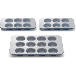 Caraway Nonstick Ceramic Muffin Pan Set – 2x 6 Cup & 1x 12 Cup – Non-Toxic, PTFE & PFOA Free – Aluminized Steel Core – For Baking Cupcakes, Muffins & More – Cream(Navy)