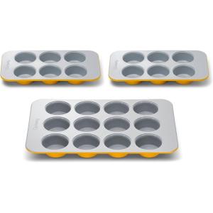 Caraway Nonstick Ceramic Muffin Pan Set – 2x 6 Cup & 1x 12 Cup – Non-Toxic, PTFE & PFOA Free – Aluminized Steel Core – For Baking Cupcakes, Muffins & More – Cream(Marigold)
