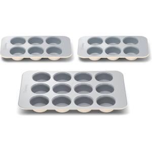 Caraway Nonstick Ceramic Muffin Pan Set – 2x 6 Cup & 1x 12 Cup – Non-Toxic, PTFE & PFOA Free – Aluminized Steel Core – For Baking Cupcakes, Muffins & More – Cream(Cream)