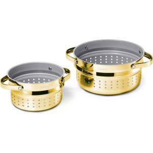 Caraway Small & Large Steamer Set – Made with Handles – Non Stick, Non Toxic Coating – Steam Veggies, Seafood, and More – Compatible With Our Dutch Oven or Sauce Pan – 3qt & 6.5qt – Gold