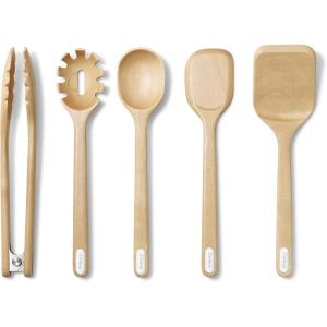 Caraway Wooden Utensil Set – 5 Piece Cooking Utensil Set – Spoon, Server, Scraper, Spatula, & Tongs – Made From FSC-Certified Birch Wood – No Microplastics