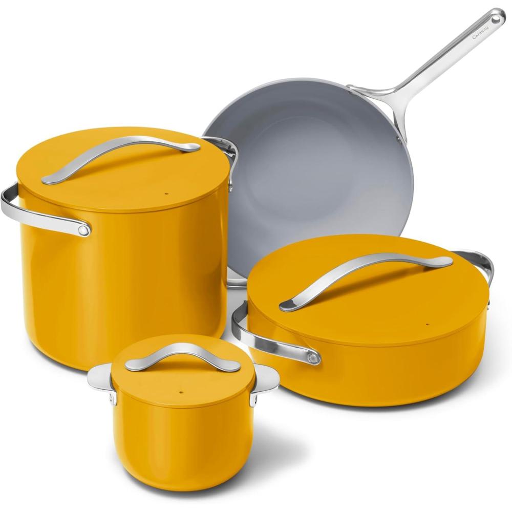 imageCaraway Cookware Collection  Specialty Cookware Set  Petite Cooker Stir Fry Pan Rondeau ampamp Stock Pot  3 Lids ampamp Storage Organizer Included  NavyMarigold