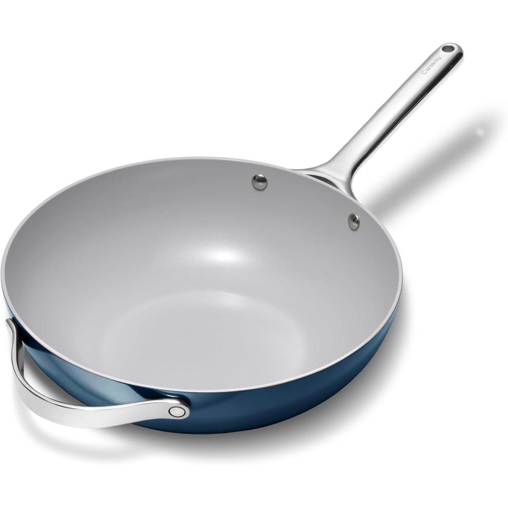 imageCaraway NonStick Stir Fry Pan  12 WokInspired Pan  Free From Forever Chemicals  HighSloped Walls  Stainless Steel Handles  CreamNavy