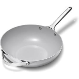 Caraway Non-Stick Stir Fry Pan – 12” Wok-Inspired Pan – Free From Forever Chemicals – High-Sloped Walls – Stainless Steel Handles – Cream(Gray)