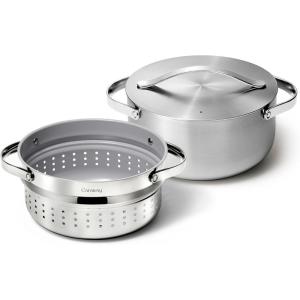 Caraway Stainless Steel Dutch Oven (6.5 Qt) & Steamer – 5-Ply Stainless Steel – Oven Safe & Stovetop Agnostic – Non Toxic, PTFE & PFOA Free