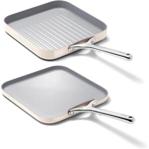 Caraway Griddle Pan & Grill Pan Duo – Non-Stick Ceramic Coated – Non Toxic, PTFE & PFOA Free – Oven Safe & Compatible with All Stovetops – Cream(Cream)