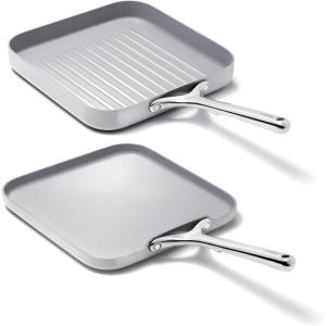 Caraway Griddle Pan & Grill Pan Duo – Non-Stick Ceramic Coated – Non Toxic, PTFE & PFOA Free – Oven Safe & Compatible with All Stovetops – Cream(Gray)
