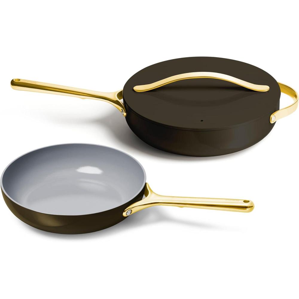 imageCaraway Fry Pan and Saut Pan Duo  105 Ceramic Frying Pan and 118 Deep Saut Pan with Lid  Non Stick Non Toxic Oven Safe  CreamBlack
