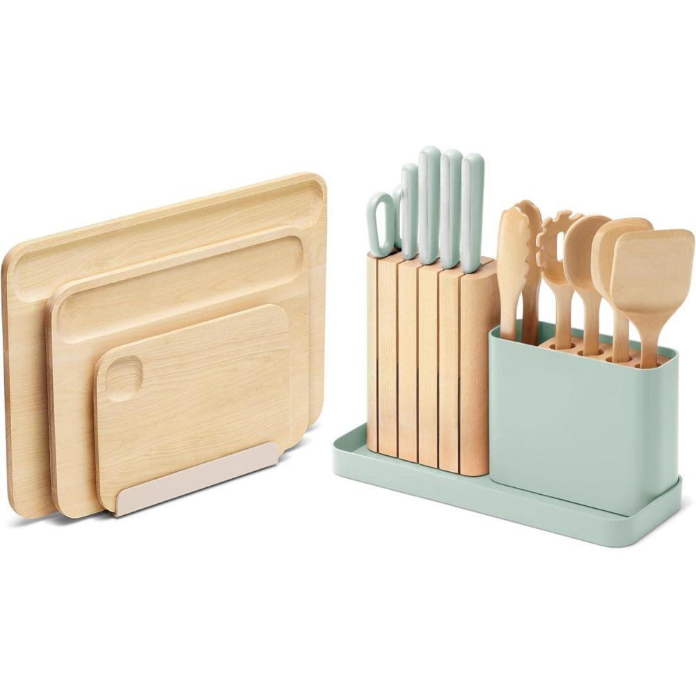 imageCaraway Kitchen Prep amp Cutting Board Set  Kitchen Knife Set amp Wooden Utensil Set amp 3 Wood Cutting Boards  NonToxic Materials  Includes Organizers  CreamMist