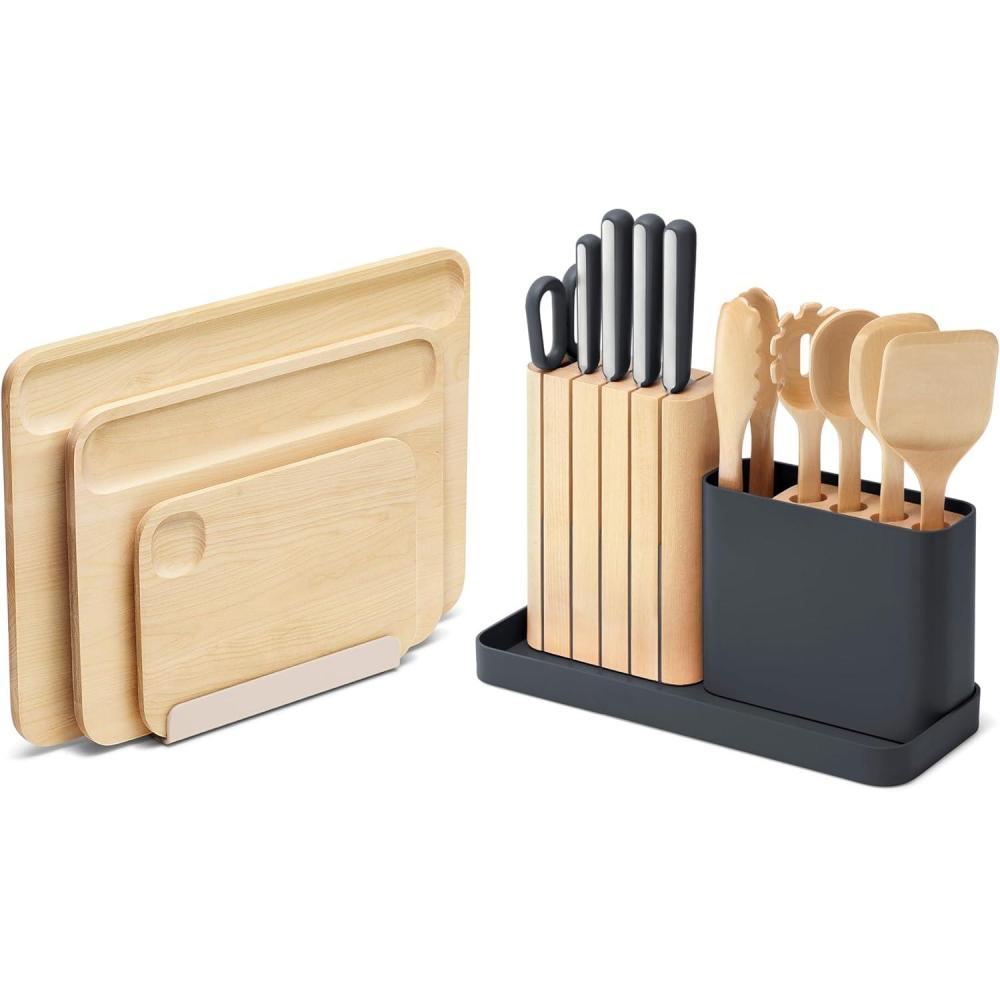 imageCaraway Kitchen Prep amp Cutting Board Set Kitchen Knife Set amp Wooden Utensil Set amp 3 Wood Cutting Boards NonToxic Materials Includes Organizers CreamCharcoal