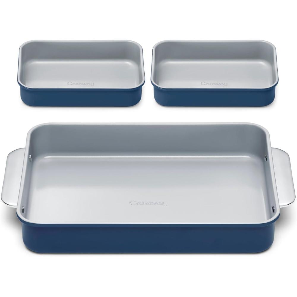 imageCaraway Nonstick Rectangle Baking Pan Set  2x 9 x 65 amp 1x 9 x 13  NonToxic PTFE amp PFOA Free  Aluminized Steel Core  Deep Ceramic Baking Pan for Casseroles Lasagna amp More  CreamNavy