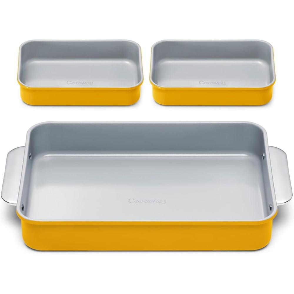 imageCaraway Nonstick Rectangle Baking Pan Set  2x 9 x 65 amp 1x 9 x 13  NonToxic PTFE amp PFOA Free  Aluminized Steel Core  Deep Ceramic Baking Pan for Casseroles Lasagna amp More  CreamMarigold