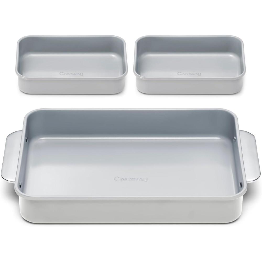 imageCaraway Nonstick Rectangle Baking Pan Set  2x 9 x 65 amp 1x 9 x 13  NonToxic PTFE amp PFOA Free  Aluminized Steel Core  Deep Ceramic Baking Pan for Casseroles Lasagna amp More  CreamGray