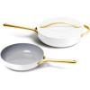 Caraway Fry Pan and Sauté Pan Duo – 10.5” Ceramic Frying Pan and 11.8” Deep Sauté Pan with Lid – Non Stick, Non Toxic, Oven Safe – Cream(White)
