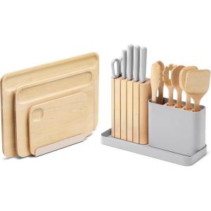 Caraway Kitchen Prep & Cutting Board Set – Kitchen Knife Set & Wooden Utensil Set & 3 Wood Cutting Boards – Non-Toxic Materials – Includes Organizers – Cream(Gray)