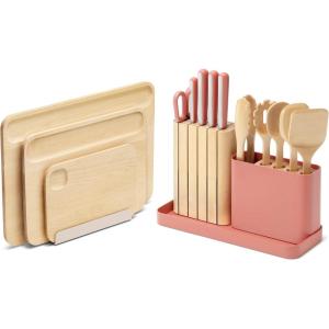 Caraway Kitchen Prep & Cutting Board Set – Kitchen Knife Set & Wooden Utensil Set & 3 Wood Cutting Boards – Non-Toxic Materials – Includes Organizers – Cream(Perracotta)