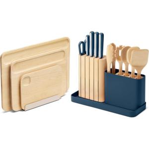 Caraway Kitchen Prep & Cutting Board Set – Kitchen Knife Set & Wooden Utensil Set & 3 Wood Cutting Boards – Non-Toxic Materials – Includes Organizers – Cream(Navy)