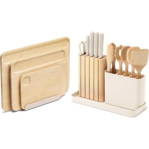 Caraway Kitchen Prep & Cutting Board Set – Kitchen Knife Set & Wooden Utensil Set & 3 Wood Cutting Boards – Non-Toxic Materials – Includes Organizers – Cream(Cream)
