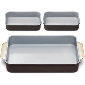 Caraway Nonstick Rectangle Baking Pan Set – 2x 9″ x 6.5″ & 1x 9″ x 13″ – Non-Toxic, PTFE & PFOA Free – Aluminized Steel Core – Deep Ceramic Baking Pan for Casseroles, Lasagna & More – Cream(Black)