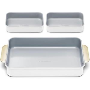 Caraway Nonstick Rectangle Baking Pan Set – 2x 9″ x 6.5″ & 1x 9″ x 13″ – Non-Toxic, PTFE & PFOA Free – Aluminized Steel Core – Deep Ceramic Baking Pan for Casseroles, Lasagna & More – Cream(White)