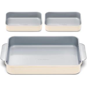 Caraway Nonstick Rectangle Baking Pan Set – 2x 9″ x 6.5″ & 1x 9″ x 13″ – Non-Toxic, PTFE & PFOA Free – Aluminized Steel Core – Deep Ceramic Baking Pan for Casseroles, Lasagna & More – Cream(Cream)