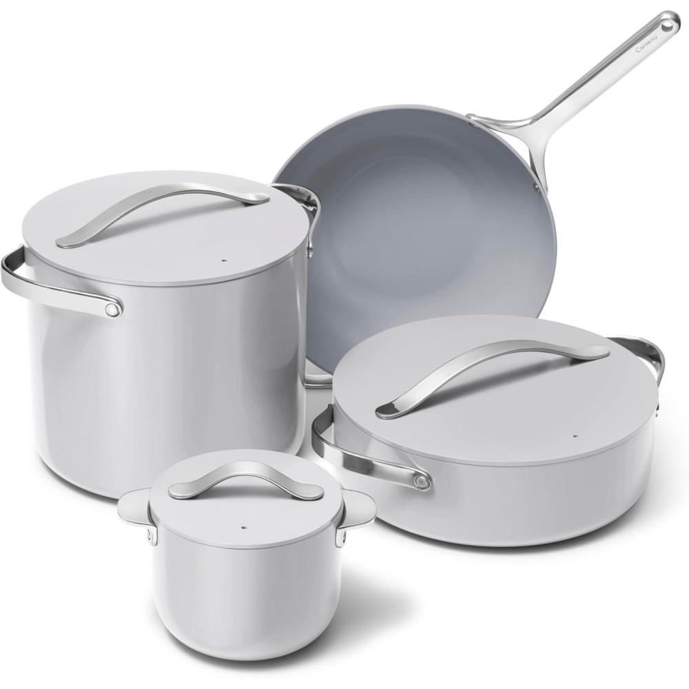 imageCaraway Cookware Collection  Specialty Cookware Set  Petite Cooker Stir Fry Pan Rondeau amp Stock Pot  3 Lids amp Storage Organizer Included  CreamGray