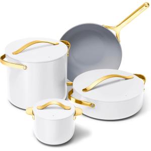 Caraway Cookware+ Collection – Specialty Cookware Set – Petite Cooker, Stir Fry Pan, Rondeau, & Stock Pot – 3 Lids & Storage Organizer Included – Cream(White)