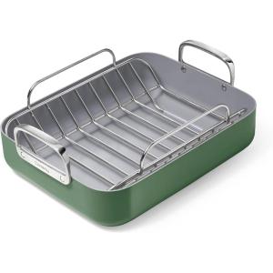 Caraway Roasting Pan – 16×13” Roasting Pan with Rack – Non-Stick Ceramic Coated – Non Toxic, PTFE & PFOA Free – Oven Safe & Compatible with All Stovetops – Sage(Sage)