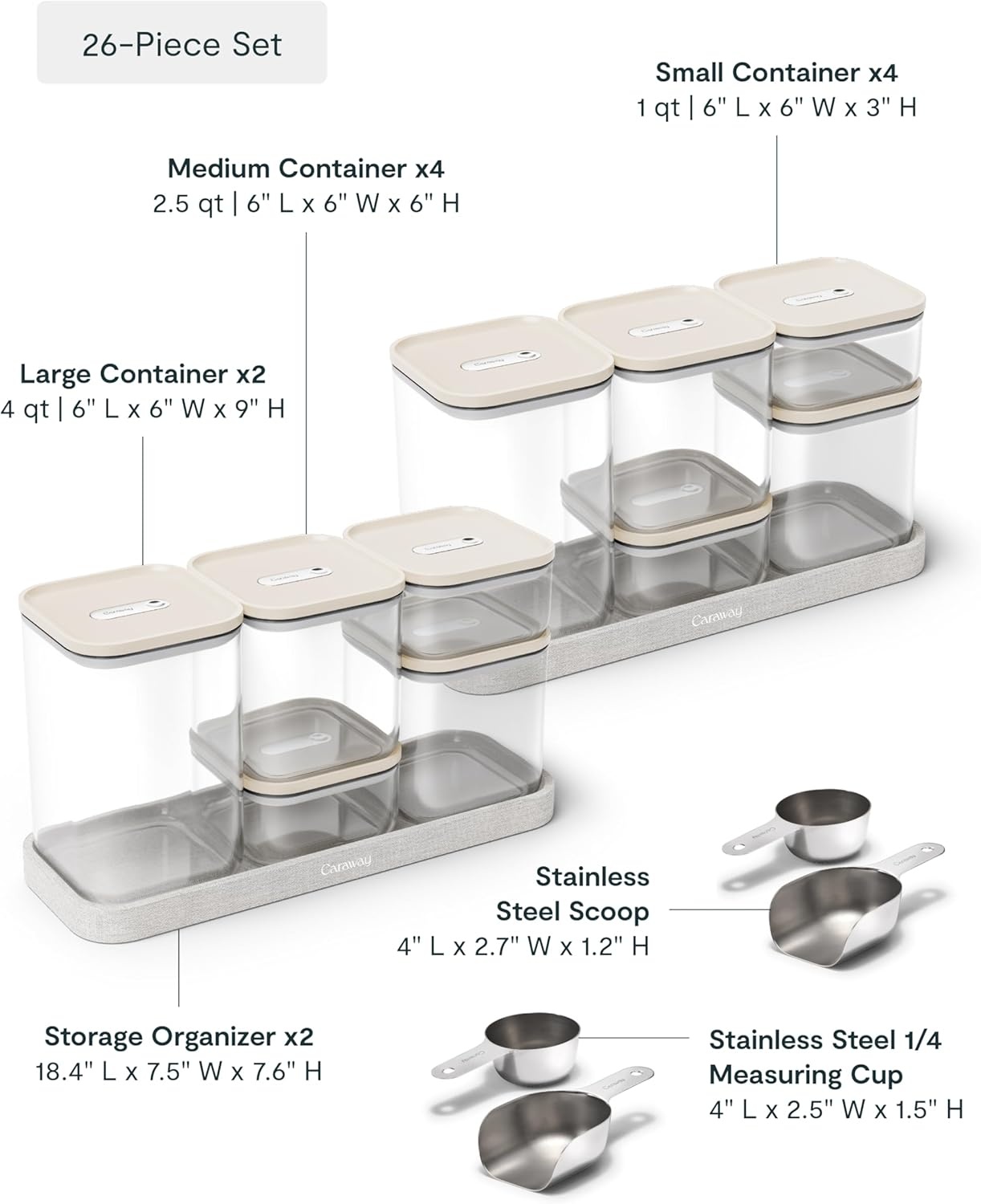 image:imageCaraway 26Piece Ultimate Airtight Glass Food Storage Containers with Lids Scoops Measuring Cups and Organizers NonToxic BPAFree Stackable SpaceSaving Containers for Pantry CreamCream