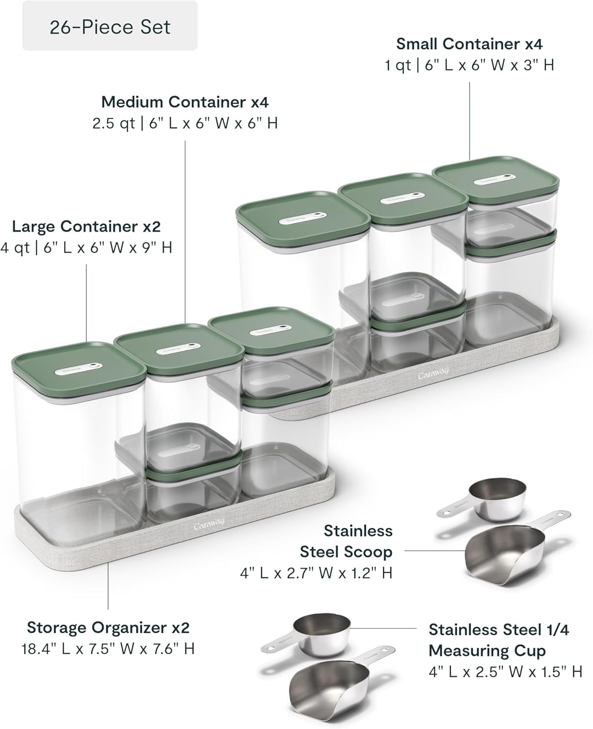 image:imageCaraway 26Piece Ultimate Airtight Glass Food Storage Containers with Lids Scoops Measuring Cups and Organizers NonToxic BPAFree Stackable SpaceSaving Containers for Pantry CreamSage