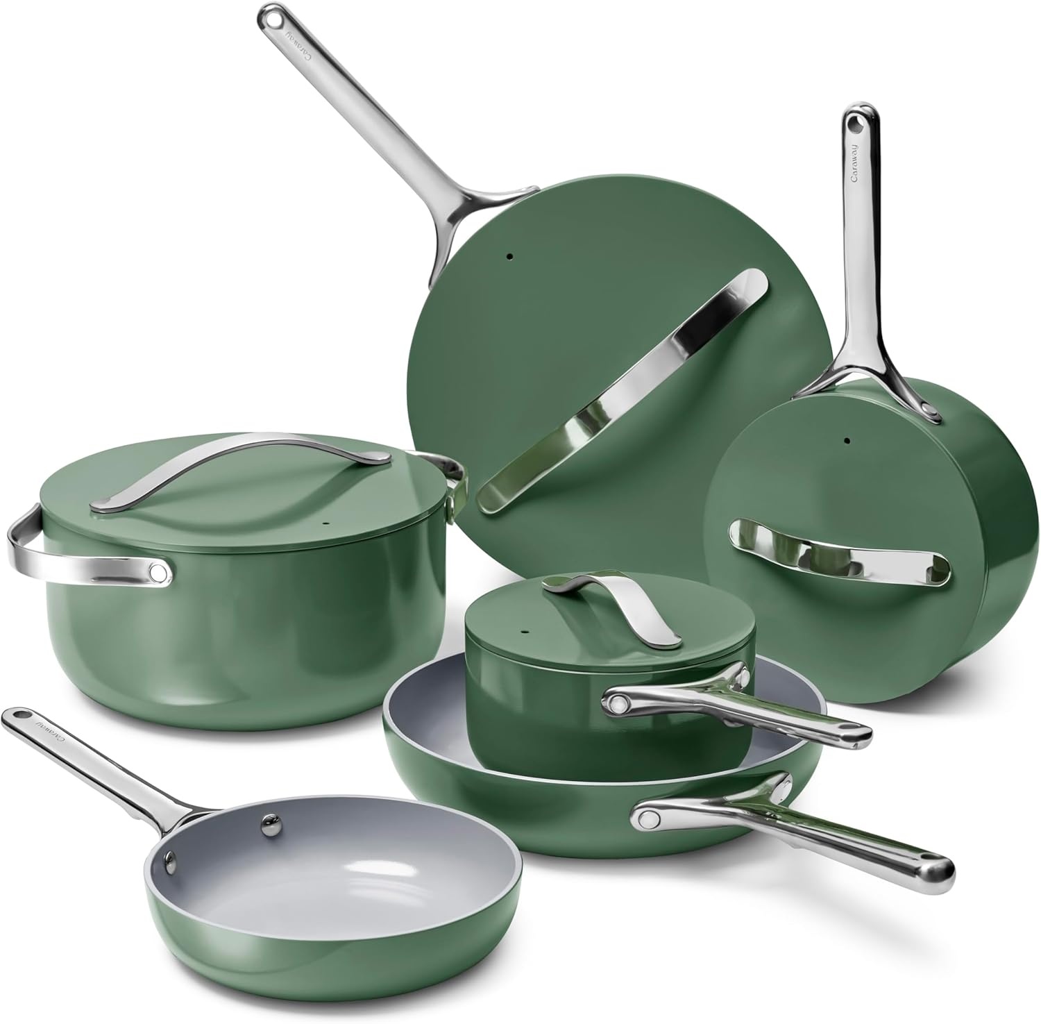 image:imageCaraway 31Piece Ceramic Cookware Bundle Fry Pans Saucepans Saut Pan Dutch Oven Petite Cooker Stir Fry Rondeau Stock Pot Grill amp Griddle Pans Roasting Pan Racks Organizers NavySage