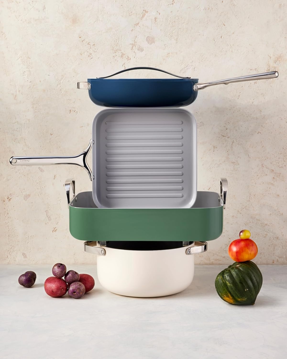 image:imageCaraway 31Piece Ceramic Cookware Bundle Fry Pans Saucepans Saut Pan Dutch Oven Petite Cooker Stir Fry Rondeau Stock Pot Grill amp Griddle Pans Roasting Pan Racks Organizers NavySage
