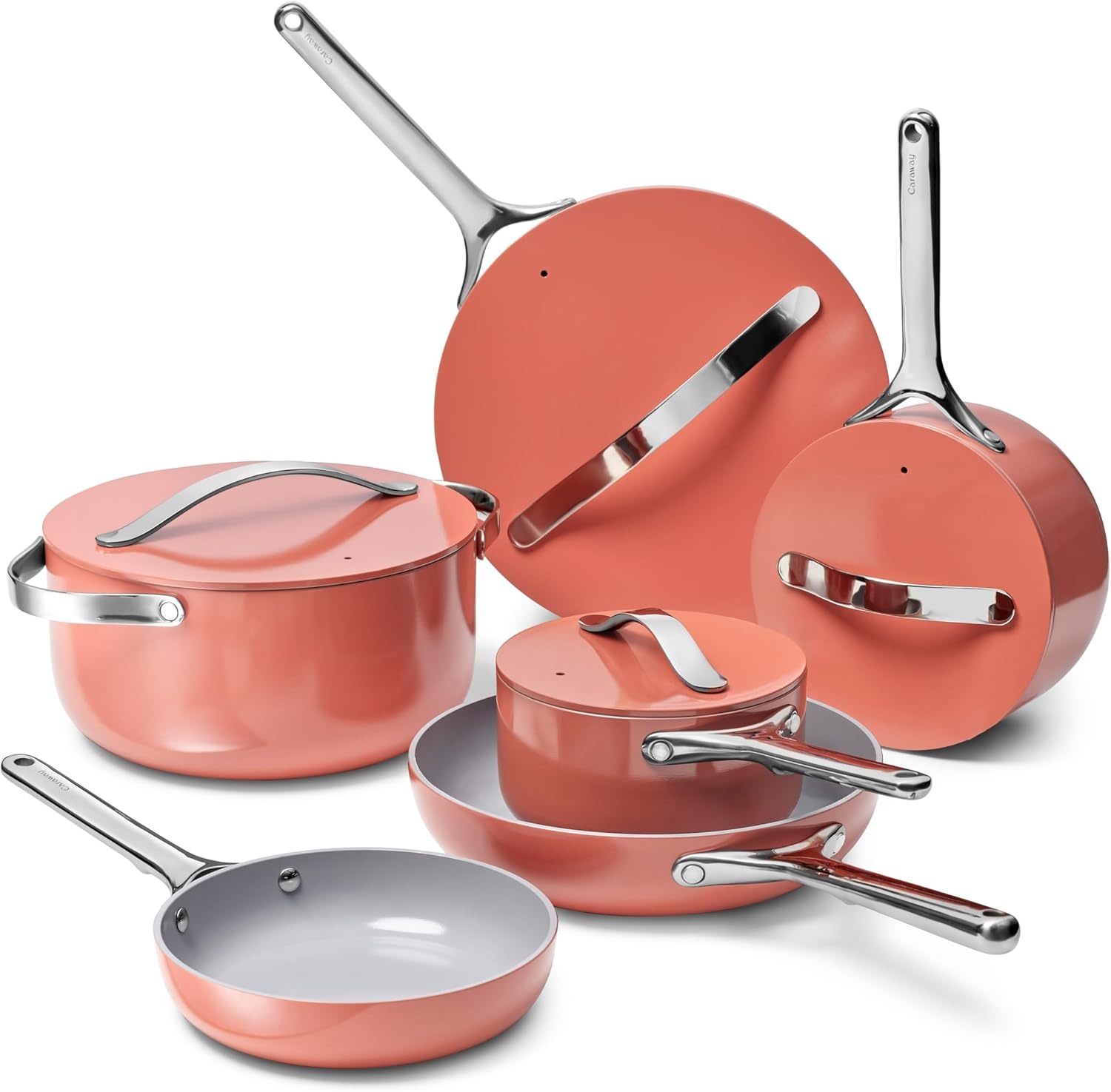 image:imageCaraway 31Piece Ceramic Cookware Bundle Fry Pans Saucepans Saut Pan Dutch Oven Petite Cooker Stir Fry Rondeau Stock Pot Grill amp Griddle Pans Roasting Pan Racks Organizers NavyPerracotta