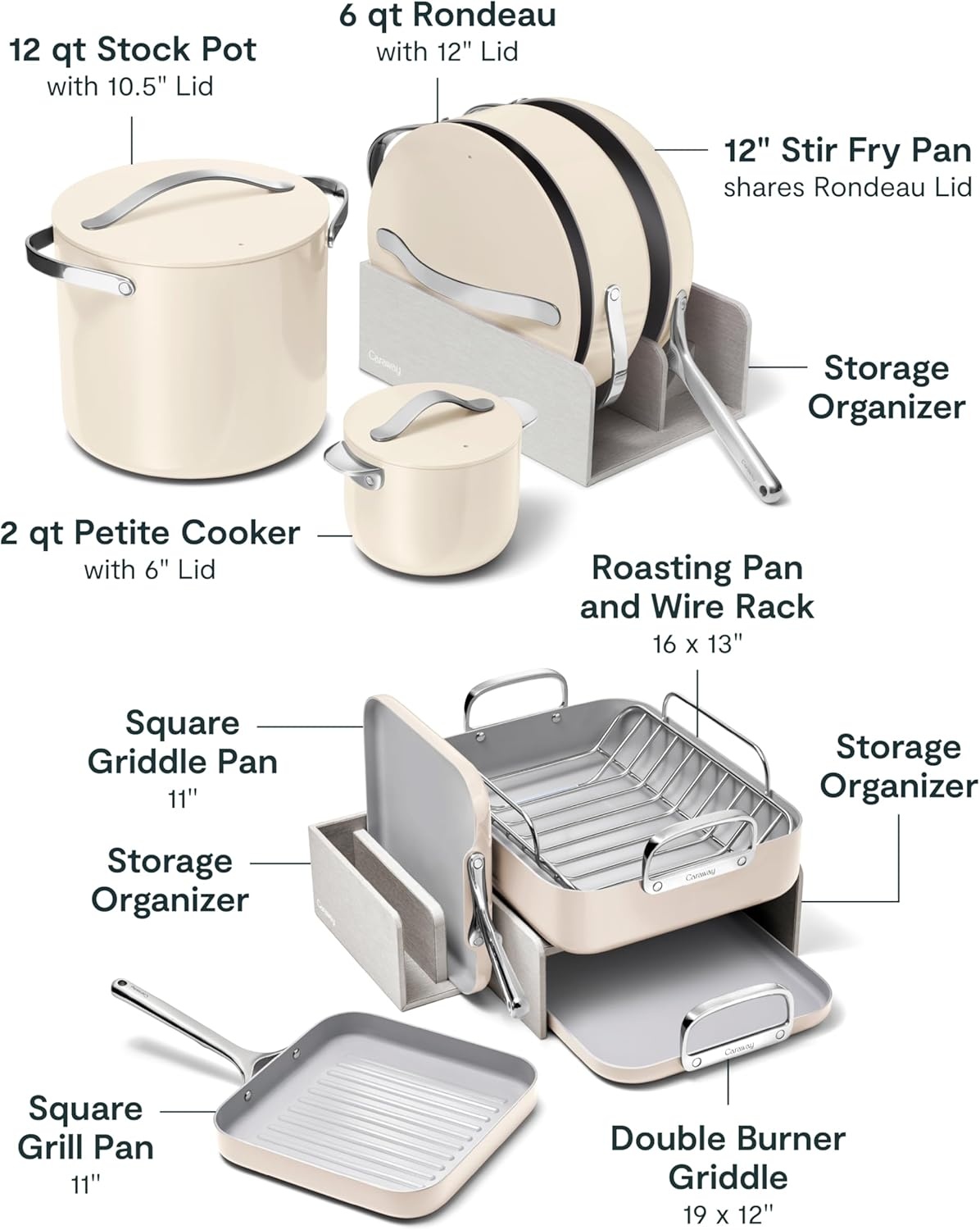 image:imageCaraway 31Piece Ceramic Cookware Bundle Fry Pans Saucepans Saut Pan Dutch Oven Petite Cooker Stir Fry Rondeau Stock Pot Grill amp Griddle Pans Roasting Pan Racks Organizers NavyCream