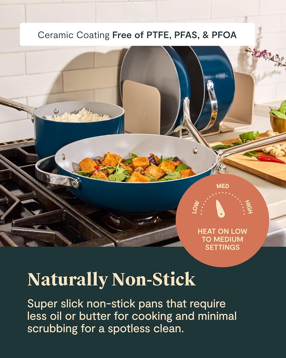 image:imageCaraway 31Piece Ceramic Cookware Bundle Fry Pans Saucepans Saut Pan Dutch Oven Petite Cooker Stir Fry Rondeau Stock Pot Grill amp Griddle Pans Roasting Pan Racks Organizers NavyMarigold