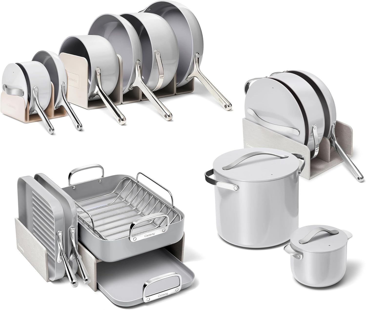 image:imageCaraway 31Piece Ceramic Cookware Bundle Fry Pans Saucepans Saut Pan Dutch Oven Petite Cooker Stir Fry Rondeau Stock Pot Grill amp Griddle Pans Roasting Pan Racks Organizers NavyGray