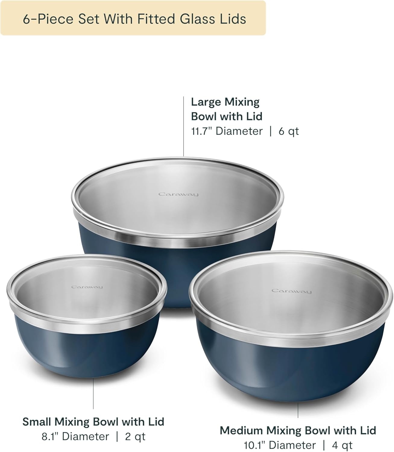 image:imageCaraway 6Piece Mixing Bowl Set with Lids 6 qt 4 qt 2 qt Stainless Steel Bowls with Tempered Glass Lids NonToxic PFASFree Navy