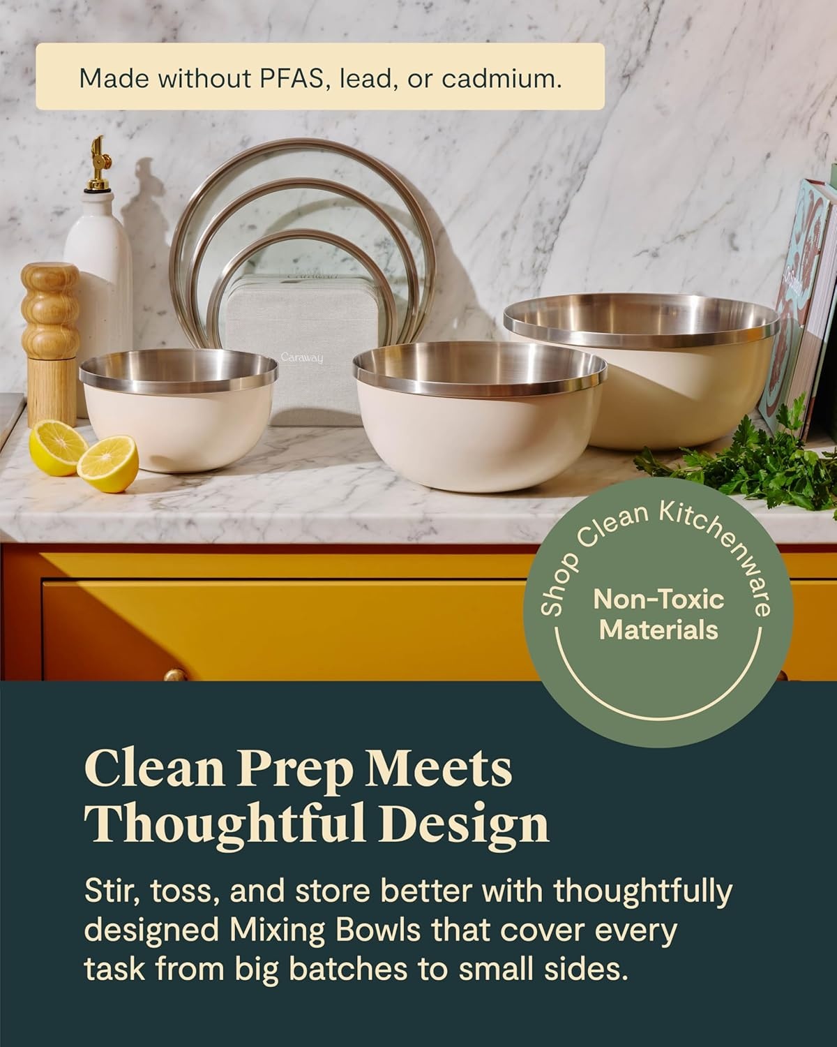 image:imageCaraway 6Piece Mixing Bowl Set with Lids 6 qt 4 qt 2 qt Stainless Steel Bowls with Tempered Glass Lids NonToxic PFASFree Navy