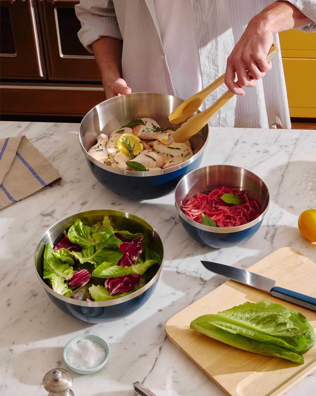image:imageCaraway 6Piece Mixing Bowl Set with Lids 6 qt 4 qt 2 qt Stainless Steel Bowls with Tempered Glass Lids NonToxic PFASFree Navy