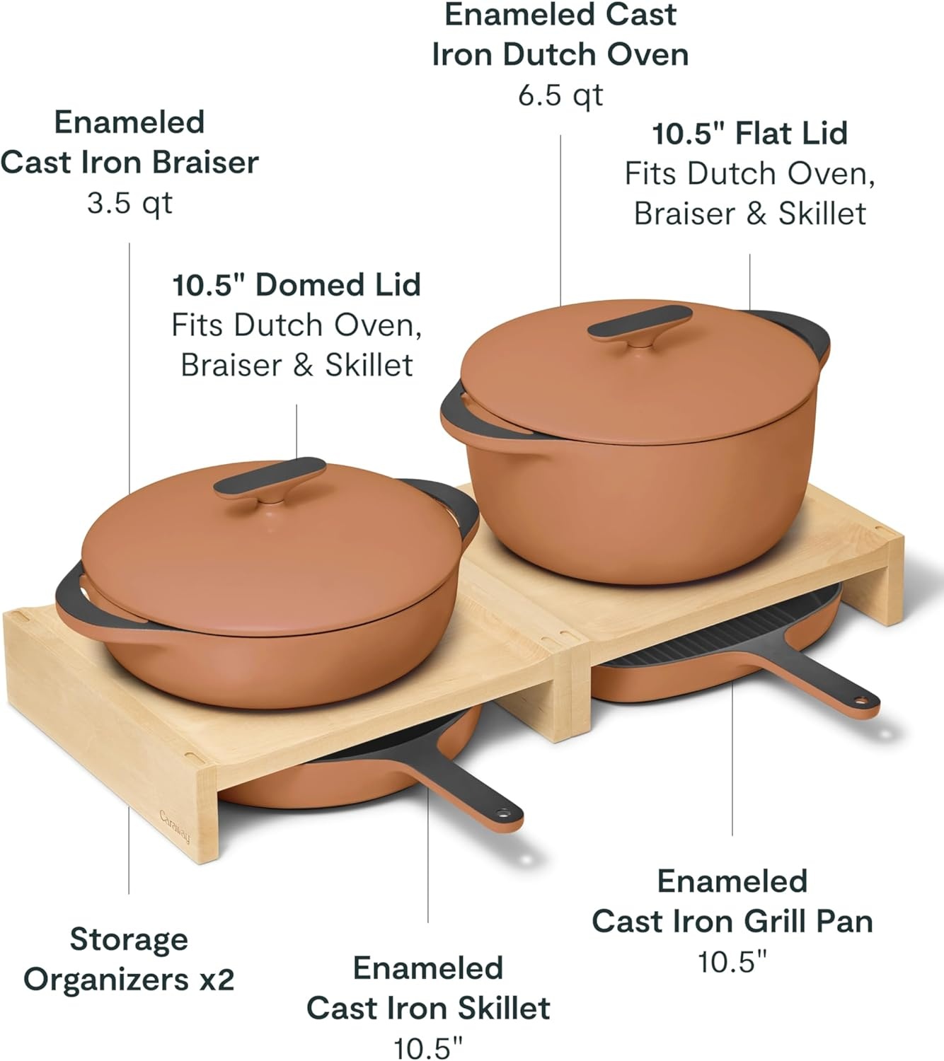 image:imageCaraway 8Piece Enameled Cast Iron Set 105 Skillet Grill Pan 35 qt Braiser Pan 65 qt Dutch Oven with Lid and Organizers NonToxic 3Layer Enamel Coating No Seasoning Required Dark NavyRust