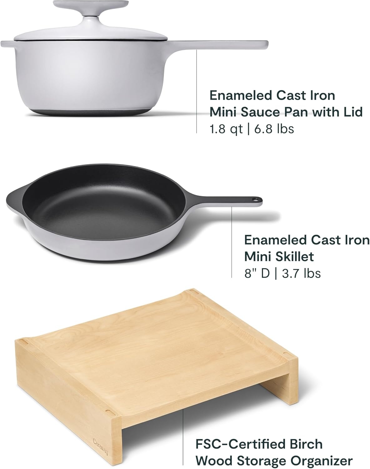 image:imageCaraway Enameled Cast Iron Bundle 8 Mini Skillet 18 qt Sauce Pan with Lid amp Storage Organizer Durable NonToxic Cookware for Stovetop amp Oven No Seasoning Required CreamGray