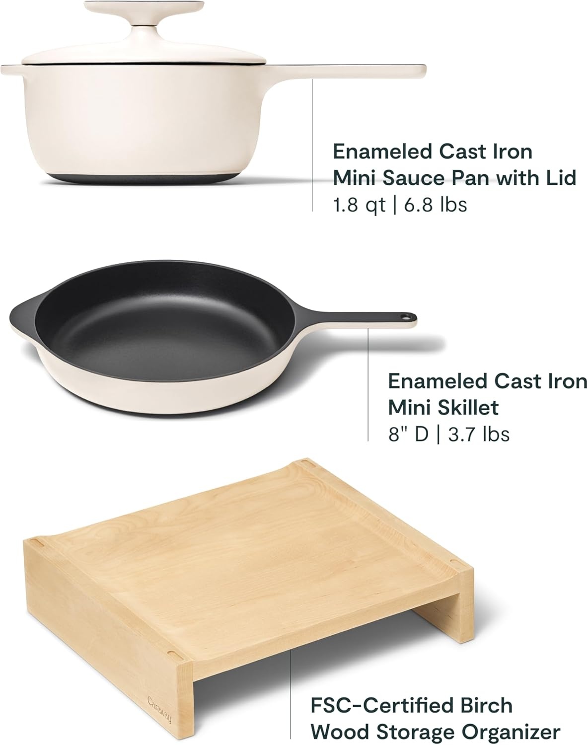 image:imageCaraway Enameled Cast Iron Bundle 8 Mini Skillet 18 qt Sauce Pan with Lid amp Storage Organizer Durable NonToxic Cookware for Stovetop amp Oven No Seasoning Required CreamCream