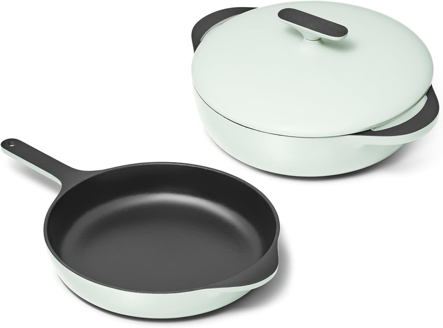 image:imageCaraway Enameled Cast Iron Bundle 8 Mini Skillet 18 qt Sauce Pan with Lid amp Storage Organizer Durable NonToxic Cookware for Stovetop amp Oven No Seasoning Required CreamLight Mist