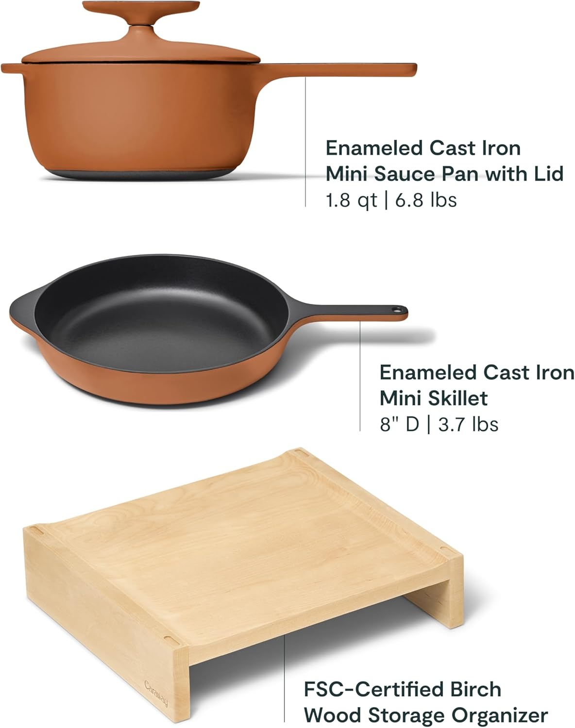 image:imageCaraway Enameled Cast Iron Bundle 8 Mini Skillet 18 qt Sauce Pan with Lid amp Storage Organizer Durable NonToxic Cookware for Stovetop amp Oven No Seasoning Required CreamRust