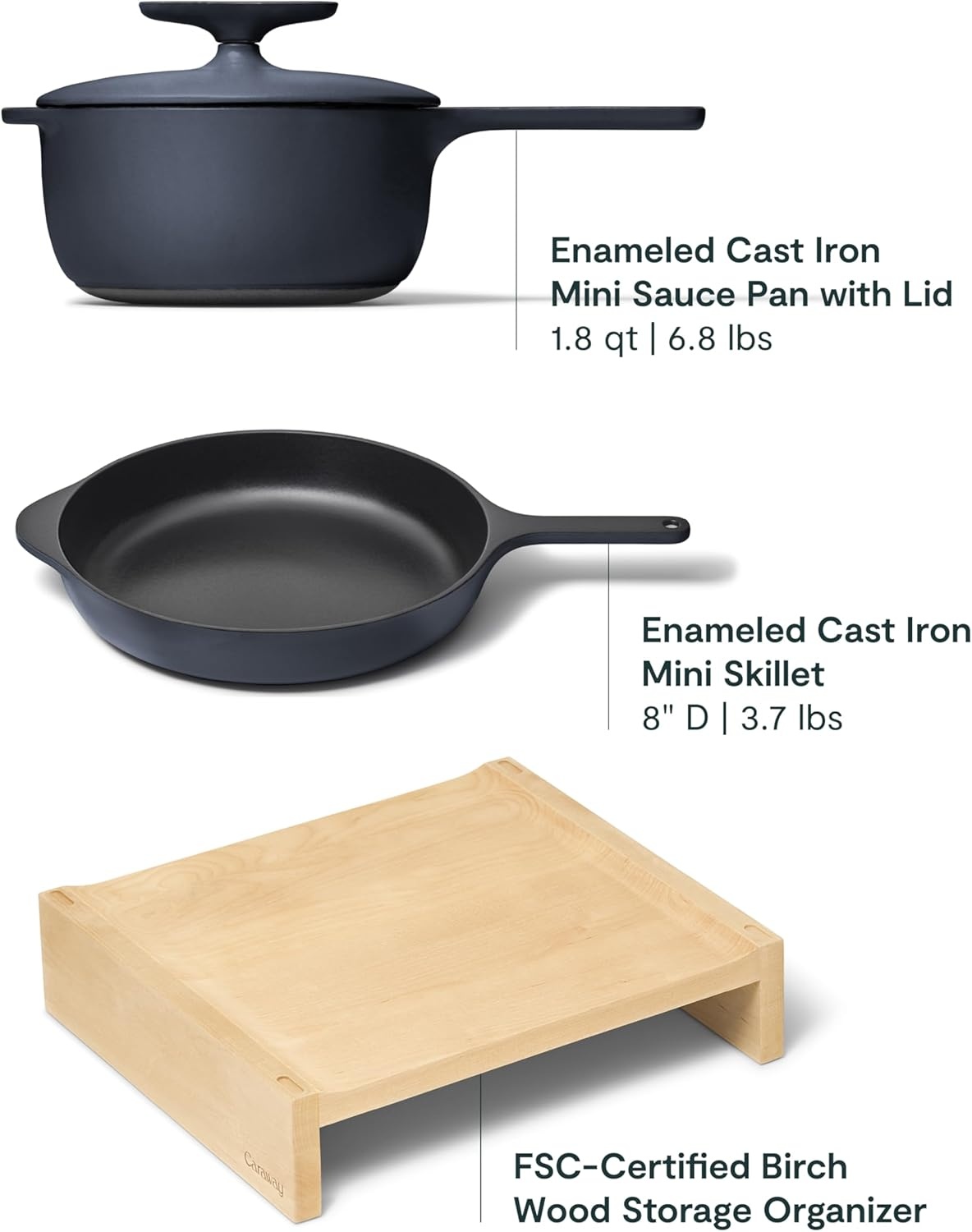 image:imageCaraway Enameled Cast Iron Bundle 8 Mini Skillet 18 qt Sauce Pan with Lid amp Storage Organizer Durable NonToxic Cookware for Stovetop amp Oven No Seasoning Required CreamMidnight Blue